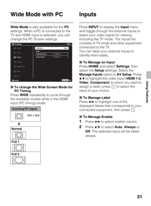 Page 3131
Using Features
Wide Mode with PC
Wide Mode is also available for the PC 
settings. When a PC is connected to the 
TV and HDMI input is selected, you can 
change the PC Screen settings.
xTo change the Wide Screen Mode for 
PC Timing
Press WIDE repeatedly to cycle through 
the available modes while in the HDMI 
input (PC timing) mode.
Inputs
Press INPUT to display the Input menu 
and toggle through the external inputs to 
select your video signal for viewing 
including the TV mode. The inputs list...