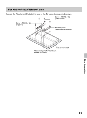 Page 5555
Other Information
For KDL-46R453A/46R450A only
Secure the Attachment Parts to the rear of the TV using the supplied screws.
Screw (+PSW 6 × 16) 
(not supplied)
Thick and soft cloth Screw (+PSW 4 × 12) 
(supplied)
Attachment parts for Wall-Mount 
Bracket (supplied)Mounting Hook 
(not optional accessory) 