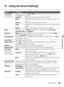 Page 3939
Using the Menus
Using the Sound Settings
OptionDescription
Sound Mode
Customized 
sound listeningSets a sound mode. Sound Mode includes options best suited for video and 
photographs, respectively.
StandardOptimizes sound quality for general content.
MusicLets you experience dynamic and clear sound, like that of a 
concert.
CinemaOptimizes surround sound for movies.
GameBroadens your game-playing experience with superb sound 
quality.
SportsReproduces realistic sound, like that in a stadium....