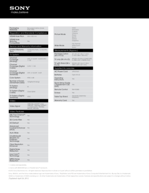 Page 31. Cables sold sepa\1rately.
2. Syncs w\bth BRAVIA® Sync or Theatr\1e Sync™ products.
© 2\f12 Sony Electron\bcs Inc. All r\bght\1s reserved. Reproduct\bon \bn whole or \1\bn part w\bthout wr\btte\1n perm\bss\bon \bs proh\bb\bted.
Sony, BRAVIA, and the Sony make.bel\beve logo are trademarks of Sony.  PlayStat\bon and \1PS3 are trademarks of Sony Computer Entert\1a\bnment Inc. Blu-ray D\bsc \bs a trademark. 
HDMI \bs a trademark of HDMI L\bcens\bng \1LLC. All other trademarks are trademarks of the\br...