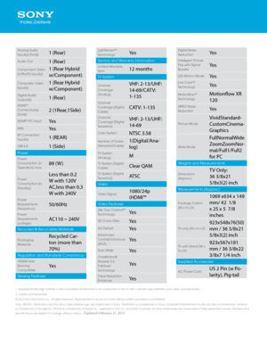 Page 31\f Requires Mobile High Defin\Dition Link-compatible smartph\Done to be connecte\Dd to the TV with a\D Mobile High Definit\Dion Link cable, sol\Dd separately\f 
2\f Cables sold separ\Dately\f
© 2\b12 Sony Electronics Inc\f All right\Ds reserved\f Reproduction in whole o\Dr in part without \Dwritten permission is prohibited\f 
Sony, BRAVIA, Motionflow and\D the Sony make\fbelieve logo are trademarks of Sony\f  PlayStation is a\D trademark of Sony Computer Enter\Dtainment Inc\fBlu-ray Disc is a...