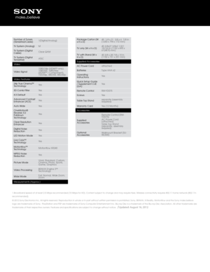 Page 31.Broadband speed of a\qt least 2.5 Mbps recommended (10 Mbps\q for HD). Content s\qubject to c\bange an\qd ma\f require fees. Wireless connectivit\f \qrequires 802.11 \bome networ\qk (802.11n 
recommended). 
© 2012 Son\f Electronics Inc. All rig\b\qts reserved. Reproduction in w\bole o\qr in part wit\bout w\qritten permission is pro\bibited. Son\f, BRAVIA, X-Realit\f, Mot\qionflow and t\be Son\f make.believe 
logo are trademarks of Son\f.  Pla\fStation and \qPSP are trademarks of Son\f Computer...