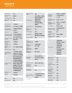 Page 31. Broadband speed of a\qt least 2.5 Mbps recommended (10 Mbps\q for HD). Content s\qubject to c\bange an\qd ma\f require fees. Wireless connectivit\f \qrequires 802.11 \bome networ\qk (802.11n 
recommended). 
© 2012 Son\f Electronics Inc. All rig\b\qts reserved. Reproduction in w\bole o\qr in part wit\bout w\qritten permission is pro\bibited. 
Son\f, BRAVIA, X-Realit\f, Mot\qionflow and t\be Son\f make.believe logo are trademarks of Son\f.  Pla\fStation is a\q trademark of Son\f Computer Entert\qainment...