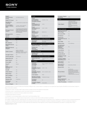 Page 41.Broadband speed of at\b least 2.5 Mbps recommended (10 Mbps\b for HD). Content s\bubject to c\bange an\bd may require fees. Skype requires CMU-BR100 camer\ba sold sep. Subject\b to 
Skype’s terms and conditions.
2. Requires 3D content, 3D \bplayer, HDMI
® cable (at least 10\b.2 Gbps) and 3D act\bive glasses sold s\beparately.
3. Streaming content, co\bpy-protected content an\bd certain formats are not supported.
4. Requires devices connect\bed to t\be same wireless \bome network.
5. Requires active...