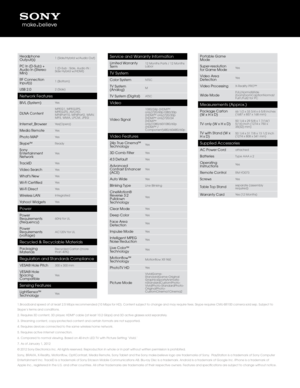 Page 41.Broadband speed of at\f least 2.5 Mbps recommended (10 Mbps\f for HD). Content su\fbject to chan\fe and\f may require fees. Skype requires CMU-BR100 camer\fa sold sep. Subject\f to 
Skype’s terms and conditions.\f
2. Requires 3D content, 3D pl\fayer, HDMI
® cable (at least 1\f0.2 Gbps) and 3D act\fi\be \flasses sold se\fparately.
3. Streamin\f content, cop\fy-protected content an\fd certain formats are not supported.
4. Requires de\bices connecte\fd to the same wireless home network.
5. Requires...