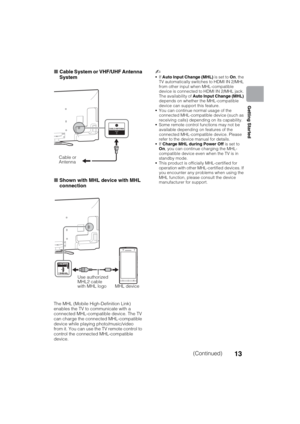 Page 13D:\SONY TV\SY120165_H1\4447572111_US\US03STU.fm
KDL-55W900A
4-447-572-11(1)
13
Getting Started
xCable System or VHF/UHF Antenna 
System
xShown with MHL device with MHL 
connection
The MHL (Mobile High-Definition Link) 
enables the TV to communicate with a 
connected MHL-compatible device. The TV 
can charge the connected MHL-compatible 
device while playing photo/music/video 
from it. You can use the TV remote control to 
control the connected MHL-compatible 
device.~
If Auto Input Change (MHL) is set to...