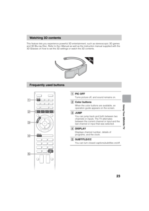Page 23D:\SONY TV\SY120165_H1\4447572111_US\US04SAF.fm
KDL-55W900A
4-447-572-11(1)
23
Using Your BRAVIA TV
This feature lets you experience powerful 3D entertainment, such as stereoscopic 3D games 
and 3D Blu-ray Disc. Refer to the i-Manual as well as the instruction manual supplied with the 
3D Glasses on how to set the 3D settings or watch the 3D contents.
Watching 3D contents
Frequently used buttons
1
2
3
4
5
1PIC OFF
Turns picture off, and sound remains on.
2Color buttons
When the color buttons are...