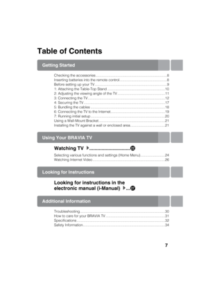 Page 7D:\SONY TV\SY120165_H1\4447572111_US\US01TOC.fm
KDL-55W900A
4-447-572-11(1)
7
Table of Contents
Getting Started
Checking the accessories ........................................................................8
Inserting batteries into the remote control................................................8
Before setting up your TV .........................................................................9
1: Attaching the Table-Top Stand ..........................................................10
2:...