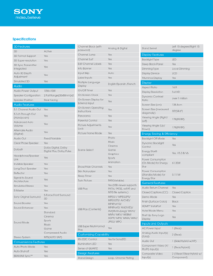 Page 3Specifications
3D Features
3DActive
3D Format Support Yes
3D Super-resolution Yes
3D Sync Transmitter 
Integrated Yes
Auto 3D Depth 
Adjustment Yes
Simulated 3D Yes
Audio
Audio Po\fer Output10W+10W
Speaker Configuration 2 Full Range(30x80\jmm)x2
Speaker Position Rear facing
Audio Features
5\b1 Channel Audio O\jutYes
5\b1ch Through Out 
(Handycam) Yes
Advanced Auto 
Volume Yes
Alternate Audio 
(Digital) Yes
Audio Out Fixed/Variable
Clear Phase Speaker Yes
Dolby® Dolby Digital, Dol\jby 
Digital Plus,...