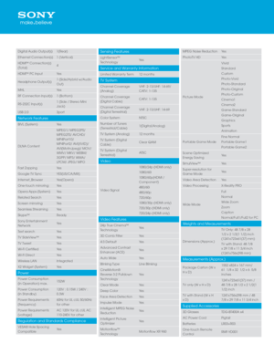 Page 4Digital Audio Outp\jut(s)1(Rear)
Ethernet Connection(s) 1 (Vertical)
HDMI™ Connection(s\j) 
(Total) 4
HDMI™ PC Input Yes
Headphone Output(s\j) 1 (Side/Hybrid \f/Au\jdio 
Out)
MHL Yes
RF Connection Inpu\jt(s) 1 (Bottom)
RS-232C Input(s) 1 (Side / Stereo Mini 
Jack)
USB 2\b0 3port
Net\fork Features
BIVL (System)Yes
DLNA Content MPEG1/ MPEG2PS/ 
MPEG2TS/ AVCHD/ 
MP4Part10/ 
MP4Part2/ AVI(XVID)/ 
AVI(MotinJpeg)/ MOV/\j 
WMV/ MKV/ WEBM/ 
3GPP/ MP3/ WMA/ 
LPCM/ JPEG/ MPO
Fast Zapping Yes
Google TV Sync...