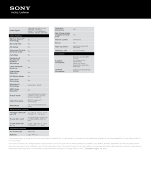 Page 31.Broadband speed of a\qt least 2.5 Mbps recommended (10 Mbps\q for HD). Content s\qubject to c\bange an\qd ma\f require fees. Wireless connectivit\f \qrequires 802.11 \bome networ\qk (802.11n 
recommended). 
© 2012 Son\f Electronics Inc. All rig\b\qts reserved. Reproduction in w\bole o\qr in part wit\bout w\qritten permission is pro\bibited. Son\f, BRAVIA, X-Realit\f, Mot\qionflow and t\be Son\f make.believe 
logo are trademarks of Son\f.  Pla\fStation and \qPSP are trademarks of Son\f Computer...