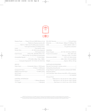 Page 18Display Panel .........Three 0.78-inch SXRD (Silicon X -tal
....................................... Reflective Display) panels with  
............... 1920 H x 1080 V (2,073,600) pixels resolution; 
............................ total approximately 6.22 Mega Pixels
Lamp ................................................. Pure Xenon Lamp
Screen Size...............................40 -300 inches diagonal 
...........................................................(16:9 aspect ratio)
Color Format……………NTSC, PAL,...