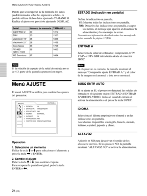 Page 10624 (ES)
Puesto que se recuperan de la memoria los datos
predeterminados sobre las siguientes se–ales, es
posible utilizar dichos datos ajustando TAMANO H.
Realice el ajuste con precisi—n ajustando DESPLAZ.
Se–al Nœmero de memoria TAMANO H
Super Mac-2 23 1312
SGI-1 23 1320
Macintosh 19Ó 25 1328
Macintosh 21Ó 28 1456
Sony News 36 1708
PC-9821 36 1600
1280 ´ 1024
WS Sunmicro 37 1664
Nota
Si la relaci—n de aspecto de la se–al de entrada no es
de 4:3, parte de la pantalla aparecer‡ en negro.
Menœ AJUSTE
El...