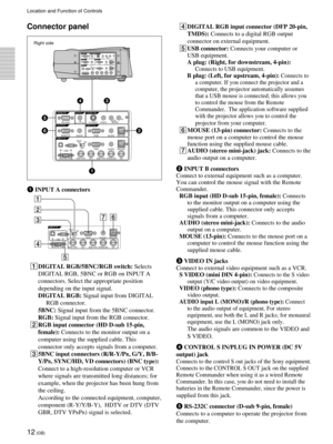 Page 1212 (GB)
Connector panel
1 INPUT A connectors
1DIGITAL RGB/5BNC/RGB switch: Selects
DIGITAL RGB, 5BNC or RGB on INPUT A
connectors. Select the appropriate position
depending on the input signal.
DIGITAL RGB: Signal input from DIGITAL
RGB connector.
5BNC: Signal input from the 5BNC connector.
RGB: Signal input from the RGB connector.
2RGB input connector (HD D-sub 15-pin,
female): Connects to the monitor output on a
computer using the supplied cable. This
connector only accepts signals from a computer....