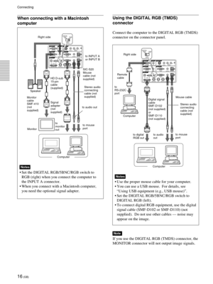 Page 1616 (GB)
When connecting with a Macintosh
computer
Right side
SIC-S20
Mouse
cable (not
supplied)
to mouse
port to audio out
to
monitor
out
Connecting
Signal
adapter
(not
supplied)
RS-232C INPLUG IN POWEROUTPUT
INPUT A
INPUT B
VIDEO INCONTROL SREMOTE
DIGITAL RGBUSB
R/R-Y/PRB/B-Y/PBSYNC/HD VD G/YMOUSE AUDIO RGBMOUSE AUDIO AUDIO RGB
MONITOR 
S VIDEO VIDEO AUDIOL
R(MONO)
DIGITAL
RGB RGB
5BNC
DIGITAL
RGB RGB
5BNC
Stereo audio
connecting
cable (not
supplied)
Computer Monitor Monitor
cable
SMF-410
(not...