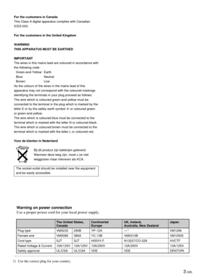 Page 33 (GB)
For the customers in Canada
This Class A digital apparatus complies with Canadian
ICES-003.
For the customers in the United Kingdom
WARNING
THIS APPARATUS MUST BE EARTHED
IMPORTANT
The wires in this mains lead are coloured in accordance with
the following code:
Green-and-Yellow: Earth
Blue: Neutral
Brown: Live
As the colours of the wires in the mains lead of this
apparatus may not correspond with the coloured markings
identifying the terminals in your plug proceed as follows:
The wire which is...