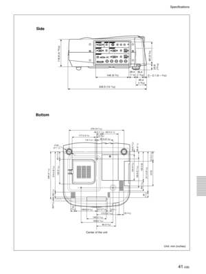 Page 4141 (GB)
Specifications
Unit: mm (inches)
BottomSide
335.5 (13 7/32) 146 (5 
3/4)
95 (3 
3/4)
45.4
 (1 25/32)
23.8
 (15/16)
28.4
 (1 1/8)35.4
 (1 13/32)0 – 2.1 (0 – 3/32)
116.8 (4 
19/32)
279 (10 31/32)
246
 (9 11/16)134
 (5 9/32)
150.8
 (5 15/16)
38.4
(1 1/2)
16.8
 (21/32)
152.3
 (6)
211.2
 (8 5/16)
127(5) 51.5 (
2 1/32)
29(1 5/32)
210.4
 (8 9/32)
128
 (5 1/32)
40 (1 9/16)
29(1 5/32)
20(25/32)
117.2 (4 5/8)26.5 (1 1/32)
1.8 (1/16)
32
23
(29/32)108.8 (4 9/32)54.5 (2 5/32)
113.5 (4 15/32)
100 (3 15/16)
96...