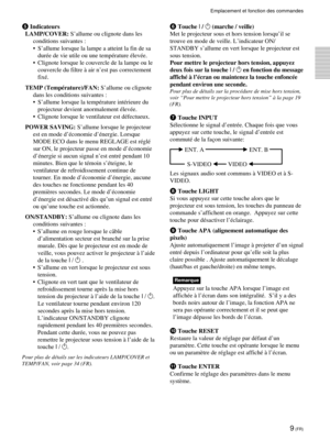 Page 519 (FR)
Emplacement et fonction des commandes
5 Indicateurs
LAMP/COVER: SÕallume ou clignote dans les
conditions suivantes :
¥ SÕallume lorsque la lampe a atteint la fin de sa
durŽe de vie utile ou une tempŽrature ŽlevŽe.
¥ Clignote lorsque le couvercle de la lampe ou le
couvercle du filtre ˆ air nÕest pas correctement
fixŽ.
TEMP (TempŽrature)/FAN: SÕallume ou clignote
dans les conditions suivantes :
¥ SÕallume lorsque la tempŽrature intŽrieure du
projecteur devient anormalement ŽlevŽe.
¥ Clignote lorsque...