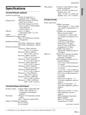 Page 7735 (FR)
SpŽcifications
SpŽcifications
CaractŽristiques optiques


panneaux LCD, 1 objectif
Panneau LCD VPL-PX20: panneau LCD TFT
SONY de 1,3 pouces
VPL-PX30: Panneau LCD TFT
Sony 1,3 pouces ˆ microlentille,
2.359.296 pixels
(786.432 pixels ´ 3)
Objectif Zoom 1,3´ approx.
f 50,8 ˆ 64,0 mm/F 1,7 to 2,0
Lampe 200 W UHP
Dimensions de lÕimage projetŽe
Plage : 40 ˆ 300 pouces (mesurŽs
en diagonale)
Rendement lumineux
VPL-PX20: ANSI lumen
1) 1400 lm
VPL-PX30: ANSI lumen1) 2400 lm
Distance de projection
 40...