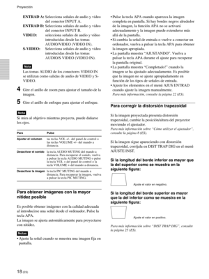 Page 10018 (ES)
Proyecci—n
¥ Pulse la tecla APA cuando aparezca la imagen
completa en pantalla. Si hay bordes negros alrededor
de la imagen, la funci—n APA no se activar‡
adecuadamente y la imagen puede extenderse m‡s
all‡ de la pantalla.
¥ Si cambia la se–al de entrada o vuelve a conectar un
ordenador, vuelva a pulsar la tecla APA para obtener
la imagen apropiada.
¥ La pantalla muestra ÒAJUSTANDOÓ. Vuelva a
pulsar la tecla APA durante el ajuste para recuperar
la pantalla original.
¥ La pantalla muestra...