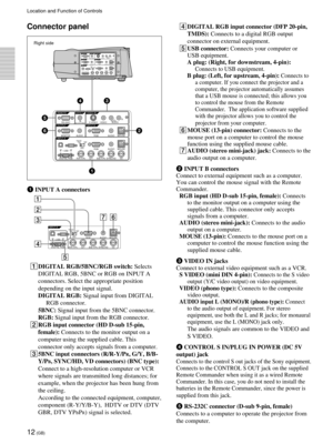 Page 1212 (GB)
Connector panel
1 INPUT A connectors
1DIGITAL RGB/5BNC/RGB switch: Selects
DIGITAL RGB, 5BNC or RGB on INPUT A
connectors. Select the appropriate position
depending on the input signal.
DIGITAL RGB: Signal input from DIGITAL
RGB connector.
5BNC: Signal input from the 5BNC connector.
RGB: Signal input from the RGB connector.
2RGB input connector (HD D-sub 15-pin,
female): Connects to the monitor output on a
computer using the supplied cable. This
connector only accepts signals from a computer....