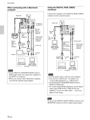 Page 1616 (GB)
When connecting with a Macintosh
computer
Right side
SIC-S20
Mouse
cable (not
supplied)
to mouse
port to audio out
to
monitor
out
Connecting
Signal
adapter
(not
supplied)
RS-232C INPLUG IN POWEROUTPUT
INPUT A
INPUT B
VIDEO INCONTROL SREMOTE
DIGITAL RGBUSB
R/R-Y/PRB/B-Y/PBSYNC/HD VD G/YMOUSE AUDIO RGBMOUSE AUDIO AUDIO RGB
MONITOR 
S VIDEO VIDEO AUDIOL
R(MONO)
DIGITAL
RGB RGB
5BNC
DIGITAL
RGB RGB
5BNC
Stereo audio
connecting
cable (not
supplied)
Computer Monitor Monitor
cable
SMF-410
(not...