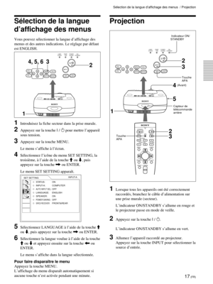 Page 5917 (FR)
Sélection de la langue d’affichage des menus  / Projection
1Lorsque tous les appareils ont été correctement
raccordés, branchez le câble d’alimentation sur
une prise murale (secteur).
L’indicateur ON/STANDBY s’allume en rouge et
le projecteur passe en mode de veille.
2Appuyez sur la touche I / 1.
L’indicateur ON/STANDBY s’allume en vert.
3Allumez l’appareil raccordé au projecteur.
Appuyez sur la touche INPUT pour sélectionner la
source d’entrée.
Projection
 Indicateur ON/
STANDBY
Touche
APA...