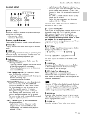 Page 1111 (GB)
Location and Function of Controls
Control panel
1 VOL +/– keys
Adjust the volume of the built-in speakers and output
level of the AUDIO jack.
+ : Increases the volume.
– : Decreases the volume.
2 Arrow keys (M/m/