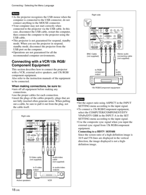 Page 1818 (GB)
RS-232C INPLUG IN POWEROUTPUT
INPUT A
INPUT B
VIDEO INCONTROL SREMOTE
DIGITAL RGBUSB
R/R-Y/PRB/B-Y/PBSYNC/HD VD G/YMOUSE AUDIO RGBMOUSE AUDIO AUDIO RGB
MONITOR 
S VIDEO VIDEO AUDIOL
R(MONO)
DIGITAL
RGB RGB
5BNC
DIGITAL
RGB RGB
5BNC
Notes
•Set the aspect ratio using ASPECT in the INPUT
SETTING menu according to the input signal.
•To connect a 15k RGB/Component equipment,
select the COMPUTER/COMPONENT/DTV
YP
BPR/DTV GBR in the INPUT-A in the SET
SETTING menu according to the input signal.
•Use the...