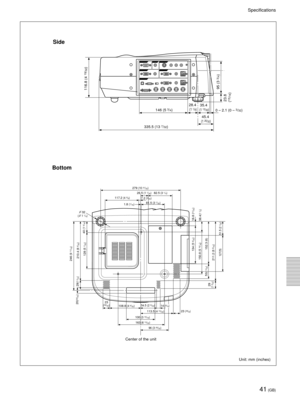 Page 4141 (GB)
Specifications
Unit: mm (inches)
BottomSide
335.5 (13 7/32) 146 (5 
3/4)
95 (3 
3/4)
45.4
 (1 25/32)
23.8
 (15/16)
28.4
 (1 1/8)35.4
 (1 13/32)0 – 2.1 (0 – 3/32)
116.8 (4 
19/32)
279 (10 31/32)
246
 (9 11/16)134
 (5 9/32)
150.8
 (5 15/16)
38.4
(1 1/2)
16.8
 (21/32)
152.3
 (6)
211.2
 (8 5/16)
127(5) 51.5 (
2 1/32)
29(1 5/32)
210.4
 (8 9/32)
128
 (5 1/32)
40 (1 9/16)
29(1 5/32)
20(25/32)
117.2 (4 5/8)26.5 (1 1/32)
1.8 (1/16)
32
23
(29/32)108.8 (4 9/32)54.5 (2 5/32)
113.5 (4 15/32)
100 (3 15/16)
96...