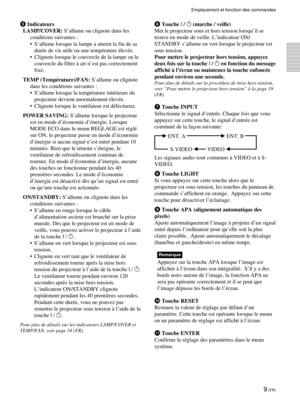 Page 519 (FR)
Emplacement et fonction des commandes
5 Indicateurs
LAMP/COVER: S’allume ou clignote dans les
conditions suivantes :
•S’allume lorsque la lampe a atteint la fin de sa
durée de vie utile ou une température élevée.
•Clignote lorsque le couvercle de la lampe ou le
couvercle du filtre à air n’est pas correctement
fixé.
TEMP (Température)/FAN: S’allume ou clignote
dans les conditions suivantes :
•S’allume lorsque la température intérieure du
projecteur devient anormalement élevée.
•Clignote lorsque le...