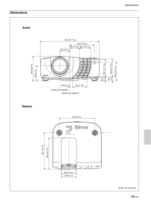 Page 8139 (FR)
Spécifications
Dimensions
Unité: mm (pouces)
Avant
339 (13 11/32)
142 (5 
19/32)
55 (2 
5/32) 64,3 (2 9/16)
58 (2 9/32)
82 (3 
7/32)
16,6(21/32)
142,6 (5 
5/8)
106,2 (4 3/16) 100,7 (3 
31/32)
109,4 (4 
5/16) 89 (3 
1/2)
24,5 
(31/32)
22,4 
(7/8)
Dessus
248 (9 3/4)
99 (3 
29/32)
105 (4 
1/8)
257 (10 
1/8)
220 (8 
21/32)
Centre de l’objectif
Centre de l’appareil 