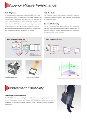 Page 3High Brightness 
A newly developed optical unit and a 250W DC drive metal
halide lamp combine to give brilliance of image, a level of per-
formance that is maintained throughout the long operating life
of the lamp. This advanced optical technology gives the high
light output of 450 ANSI lumens, allowing images to be effec-
tively displayed in meeting rooms and classrooms even in
ambient light, making it easier for an audience to take notes
and follow individual texts, workbooks, or reports.
Lightweight,...