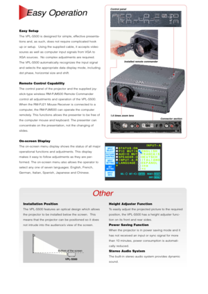 Page 4Easy Setup
The VPL-S500 is designed for simple, effective presenta-
tions and, as such, does not require complicated hook
up or setup.  Using the supplied cable, it accepts video
soures as well as computer input signals from VGA to
XGA sources.  No complex adjustments are required.
The VPL-S500 automatically recognizes the input signal
and selects the appropriate data display mode, including
dot phase, horizontal size and shift.
Remote Control Capability
The control panel of the projector and the...