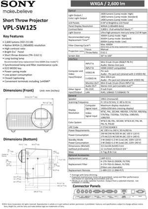 Page 1Dimensions (Front)
Dimensions (Bottom)
©2011 Sony Corporation  All rights reserved. Reproduction in whole  or in part without  written  permission  is prohibited.  Features and specifications subject to change without  notice. Sony, Bright Era, and the Sony and make.believelogo are trademarks  of Sony.
Unit: mm (inches)
•2,600 lumens (ISO 21118)
•Native WXGA (1,280x800) resolution
•High contrast ratio
•Bright Era®Panel
•Short throw distance (TR= 0.62:1)
•Long-lasting lamp  
Recommended lamp replacement...