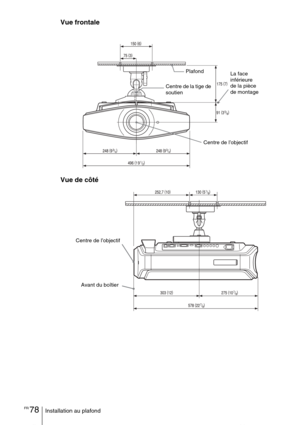 Page 164FR 78Installation au plafond
Vue frontale
Vue de côté
Plafond
La face 
inférieure 
de la pièce 
de montage Centre de la tige de 
soutien
Centre de l’objectif
Centre de l’objectif
Avant du boîtier
GI 
