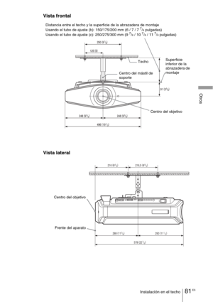 Page 25381 ESInstalación en el techo
Otros
Vista frontal
Vista lateral
Techo
Centro del mástil de 
soporte
Centro del objetivo Distancia entre el techo y la superficie de la abrazadera de montaje
Usando el tubo de ajuste (b): 150/175/200 mm (6 / 7 / 7 
7/8 pulgadas)
Usando el tubo de ajuste (c): 250/275/300 mm (9 7/8 / 10 7/8 / 11 7/8 pulgadas)
Superficie 
inferior de la 
abrazadera de 
montaje
288 (
113/8)
216,5 (
85/8)
216 (
85/8)
290 (
11
1/2)
578 (
22
7/8)
Centro del objetivo
Frente del aparato 