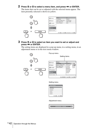 Page 42GB 42Operation through the Menus
2Press M or m to select a menu item, and press , or ENTER.
The items that can be set or adjusted with the selected menu appear. The 
item presently selected is shown in yellow.
3Press M or m to select an item you want to set or adjust and 
press , or ENTER.
The setting items are displayed in a pop-up menu, in a setting menu, in an 
adjustment menu or in the next menu window.
ENTERor
Status :
Language :
Input-A Signal Sel. : Component
DVI Signal Sel. :
Color System :Video...