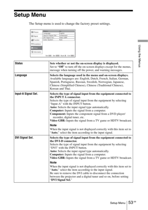 Page 5353 GBSetup Menu
Using the Menus
Setup Menu
The Setup menu is used to change the factory preset settings.
StatusSets whether or not the on-screen display is displayed.
Set to “Off” to turn off the on-screen displays except for the menus, 
message when turning off the power, and warning messages.
LanguageSelects the language used in the menu and on-screen displays. 
Available languages are: English, Dutch, French, Italian, German, 
Spanish, Portuguese, Russian, Swedish, Norwegian, Japanese, 
Chinese...