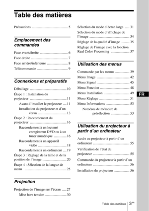 Page 893 FRTable des matières
Table des matières
Précautions ......................................... 5
Emplacement des 
commandes
Face avant/droite  ................................ 6
Face droite .......................................... 7
Face arrière/inférieure  ........................ 8
Télécommande ................................... 9
Connexions et préparatifs
Déballage ......................................... 10
Étape 1 : Installation du 
projecteur ......................................... 11
Avant...