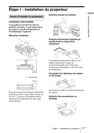 Page 9711 FRÉtape 1 : Installation du projecteur
Connexions et préparatifs
Étape 1 : Installation du projecteur
Installation déconseillée
Ne pas placer le projecteur dans les 
positions suivantes, ce qui risquerait de 
provoquer un dysfonctionnement ou 
d’endommager l’appareil.
Mauvaise ventilation
Pour que le projecteur demeure performant 
et fiable, ne placez aucun objet à moins de 
20 cm (7 
7/8 pouces) du panneau arrière.
Autrement la température du mur risque 
d’être affectée.Endroits chauds et humides...