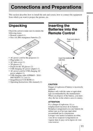 Page 1111 
Connections and PreparationsThis section describes how to install the unit and screen, how to connect the equipment 
from which you want to project the picture, etc.
Unpacking
Check the carton to make sure it contains the 
following items:
 Remote control (1) 
 Size AA (R6) manganese batteries (2)
 AC power cord for the projector (1)

 AC inlet cover (1)

 Pouch for the 3D glasses (2)
 USB charging AC power adaptor (1)
 AC power cord for USB charging AC 
power adaptor (1)
 USB charging cable (GPHK05...