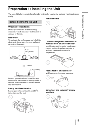 Page 1313 
Connections and Preparations
Preparation 1: Installing the Unit
The lens shift allows you to have broader options for placing the unit and viewing pictures 
easily.
Unsuitable installation
Do not place the unit in the following 
situations, which may cause malfunction or 
damage to the unit.
Near walls
To maintain the performance and reliability 
of the unit, leave space between walls and 
the unit as illustrated.
Leave a space of at least 5 cm (2 inches) 
between the wall and the exhaust port side...