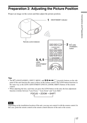 Page 1717 
Connections and Preparations
Preparation 2: Adjusting the Picture Position
Project an image on the screen and then adjust the picture position.
Tips
 The 
?/1 (ON/STANDBY), INPUT, MENU, and M/m/