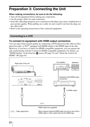 Page 22 22
Preparation 3: Connecting the Unit
When making connections, be sure to do the following:
 Turn off all equipment before making any connections.
 Use the proper cables for each connection.
 Insert the cable plugs properly; poor connection at the plugs may cause a malfunction or 
poor picture quality. When pulling out a cable, be sure to pull it out from the plug, not 
the cable itself.
 Refer to the operating instructions of the connected equipment.
To connect to equipment with HDMI output connectors...