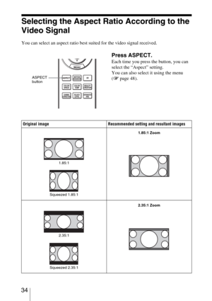 Page 34 34
Selecting the Aspect Ratio According to the 
Video Signal
You can select an aspect ratio best suited for the video signal received.
Press ASPECT.
Each time you press the button, you can 
select the “Aspect” setting.
You can also select it using the menu 
(1 page 48).
Original image Recommended setting and resultant images
ASPECT 
button
1.85:1
Squeezed 1.85:1
1.85:1 Zoom
2.35:1
Squeezed 2.35:1
2.35:1 Zoom 