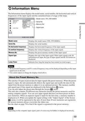 Page 5959 
Using the Menus
Information Menu
The Information menu displays the model name, serial number, the horizontal and vertical 
frequencies of the input signal and the cumulated hours of usage of the lamp.
 fH (horizontal frequency) and fV (vertical frequency) may not be displayed depending on the input 
signal used on the unit.
 You cannot adjust or change the displays listed above.
This unit has 35 types of preset data for input signals (the preset memory). When the preset 
signal is input, the unit...