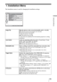 Page 5555 
Using the Menus
Installation Menu
The Installation menu is used for changing the installation settings.
Image FlipFlips the picture on the screen horizontally and/or vertically. 
HV: Flips the picture horizontally and vertically.
H: Flips the picture horizontally. 
V: Flips the picture vertically.
Off: The picture does not flip.
Use this item for installation for the backside projection or ceiling 
installation.
Lens ControlAvoids any operation of the lens such as “Lens Focus,” “Lens 
Zoom,” and...