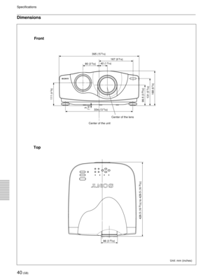 Page 4040 (GB)
Specifications
Dimensions
Unit: mm (inches)
Front
Top
Center of the lens
Center of the unit
395 (15 9/16)
334 (13 5/32)
167 (6 9/16)
80 (3 5/32)40 (1 9/16)
111 
(4 3/8)
99.5 
(3 29/32)
131 
(5 5/32)
168 
(6 5/8)
3(1/8)
96 (3 25/32)
426.5 
(16 
25/32) to 429.5 
(16 
29/32) 