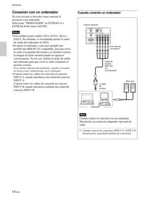 Page 9614 (ES)
Conexión
Conexión con un ordenador
En esta sección se describe cómo conectar el
proyector a un ordenador.
Seleccione “ORDENADOR” en ENTRAD A o
ENTRAD B del menú AJUSTE.
Notas
•Esta unidad acepta señales VGA, SVGA, XGA o
SXGA. No obstante, se recomienda ajustar la señal
de salida del ordenador en XGA.
•Si ajusta el ordenador, como por ejemplo uno
portátil tipo IBM PC/AT compatible, para que envíe
la señal a la pantalla del mismo y al monitor externo,
la imagen de dicho monitor puede no aparecer...